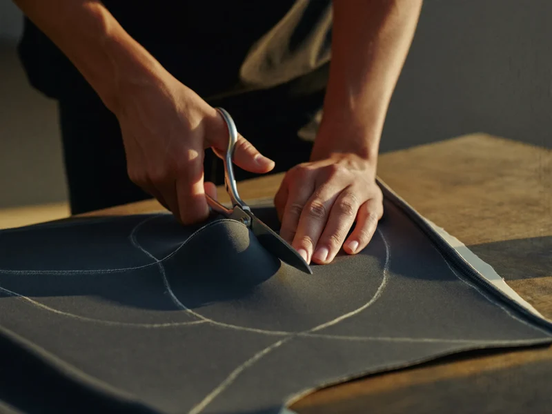 Mani che tagliano tessuto tecnico scuro con forbici da sarto e gesso